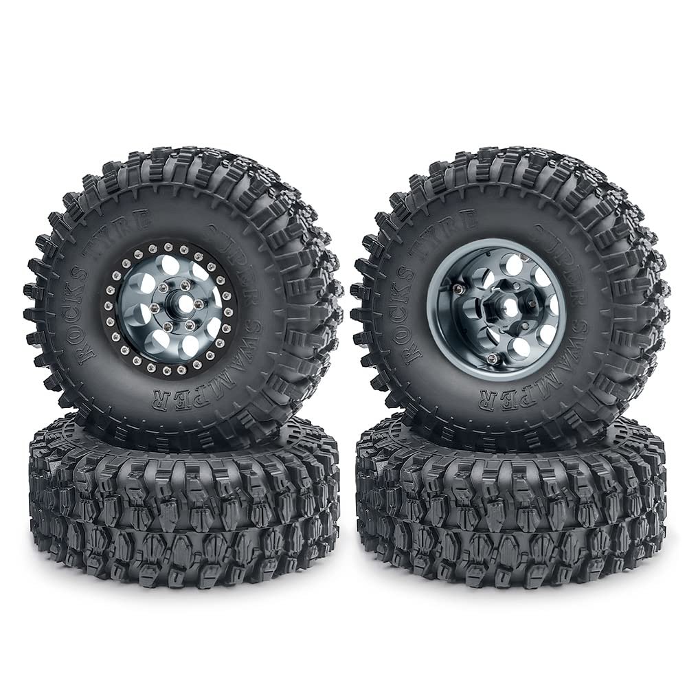 RCHUBAM 1.9" Beadlock Wheels and 120mm Rubber Tires Set for 1/10 Axial SCX10 CC01 D90 RC Crawler Car (Titanium+Black)