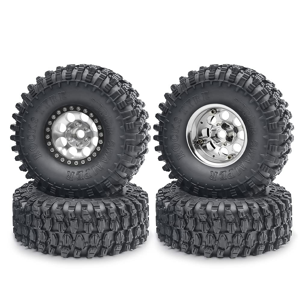 RCHUBAM 1.9" Beadlock Wheels and 120mm Rubber Tires Set for 1/10 Axial SCX10 CC01 D90 RC Crawler Car (Silver+Black)