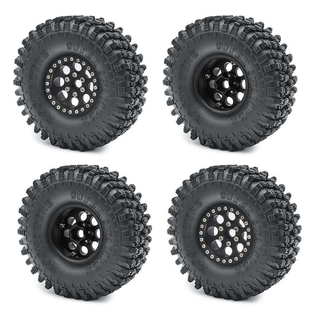 RCHUBAM 1.9" Beadlock Wheels and 120mm Rubber Tires Set for 1/10 Axial SCX10 CC01 D90 RC Crawler Car (Black)