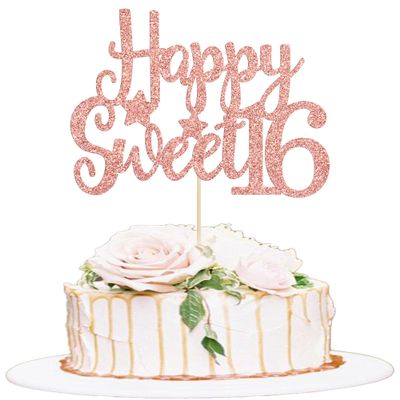 Gyufise 1Pc Happy Sweet 16 Cake Topper Rose Gold Glitter Sweet 16 Birthday Decorations Happy 16th Birthday Decorations for Girls Boys