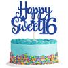 Gyufise 1Pc Happy Sweet 16 Cake Topper Blue Glitter Sweet 16 Birthday Cake Decoration Happy 16th Birthday Decorations for Girls Boys Party Supplies view 1