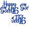 Gyufise 1Pc Happy Sweet 16 Cake Topper Blue Glitter Sweet 16 Birthday Cake Decoration Happy 16th Birthday Decorations for Girls Boys Party Supplies view 3