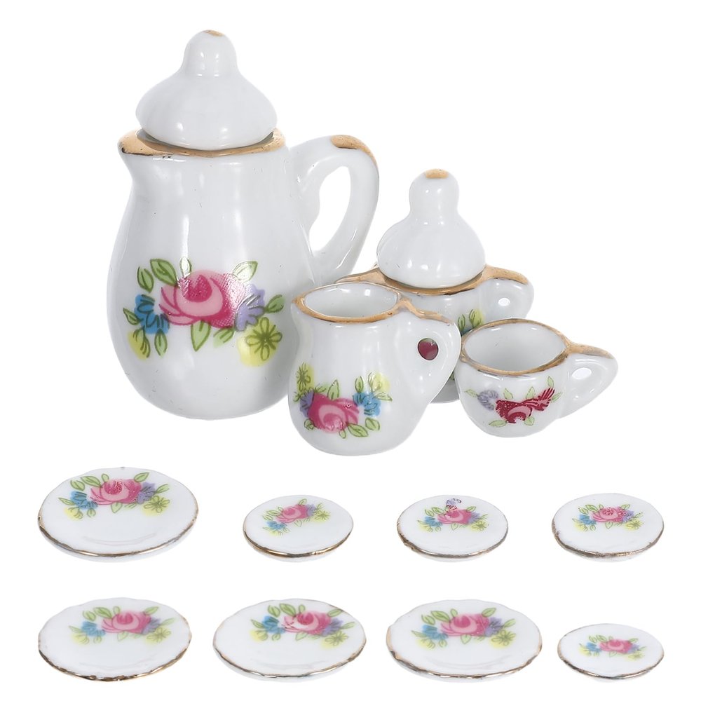 Toddmomy Mini Porcelain Tea Set 1/12 Scale Dollhouse Miniatures Ceramic Teapot Cups Saucer Pretend Play Accessories for Doll Kitchen