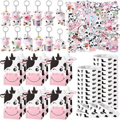 Fumete 86 Pcs Cow Party Favors Supplies Include Cow Keychain Party Paper Bags Keychains Cow Silicone Bracelets Vinyl Stickers for Girls Kids Baby Shower Treat Goodie Birthday Supplies