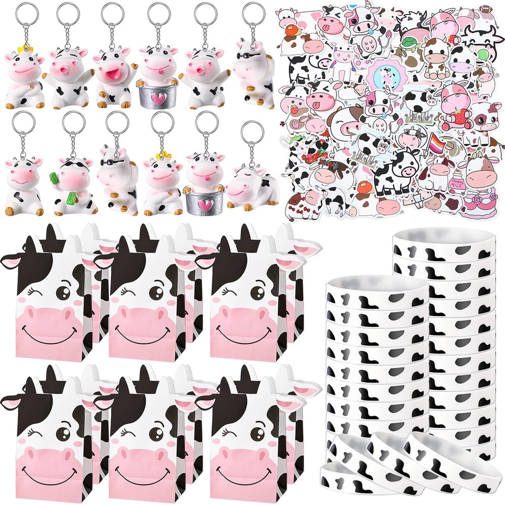 Fumete 86 Pcs Cow Party Favors Supplies Include Cow Keychain Party Paper Bags Keychains Cow Silicone Bracelets Vinyl Stickers for Girls Kids Baby Shower Treat Goodie Birthday Supplies