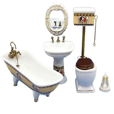 Melody Jane Dolls Houses Dollhouse White Porcelain Bathroom Suite Gold Trim Miniature Furniture Set