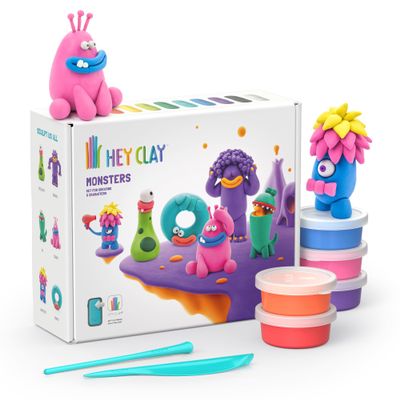 HEY CLAY Set - Colourful Modeling Air Dry Clay Kit for Kids 15 cans and Sculpting Tools with Fun Interactive Instructions App - Children 3+ (Monsters)