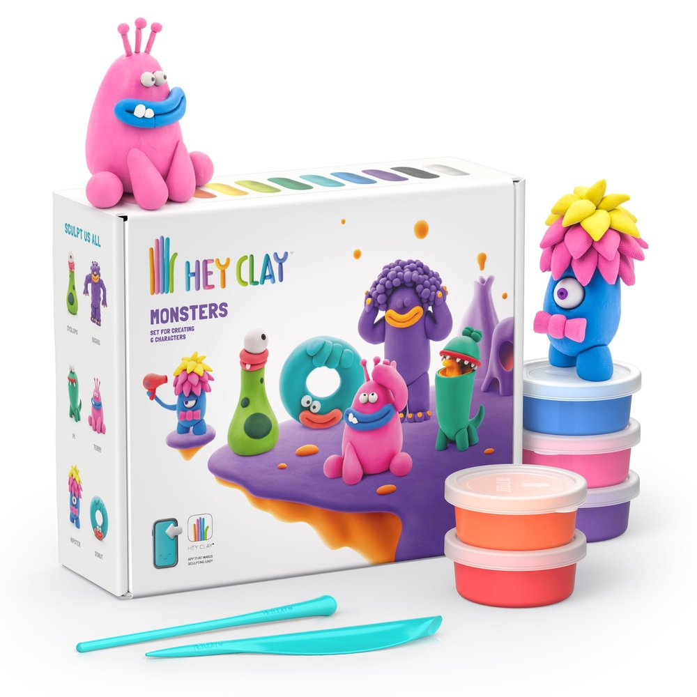 HEY CLAY Set - Colourful Modeling Air Dry Clay Kit for Kids 15 cans and Sculpting Tools with Fun Interactive Instructions App - Children 3+ (Monsters)