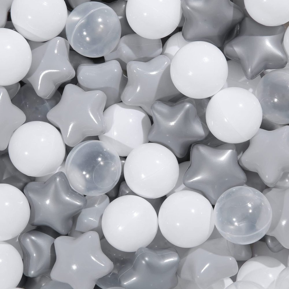 TRENDPLAY Star Ball Pit Balls for Toddlers - 100 Count Star Balls Different Shapes, Non-Toxic Plastic Balls for Safe Play, Boys Girls Festival Party Decoration, Gray+ Clear