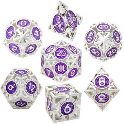 WZLHJRAR Dice Set d&d Metal Hollow Dice Polyhedron RPG Dice MTG for Dungeons & Dragons TTRPG Game Gift Warhammer Dice Set D20 D12 D10% D10 D8 D6 D4 - Silver and Purple
