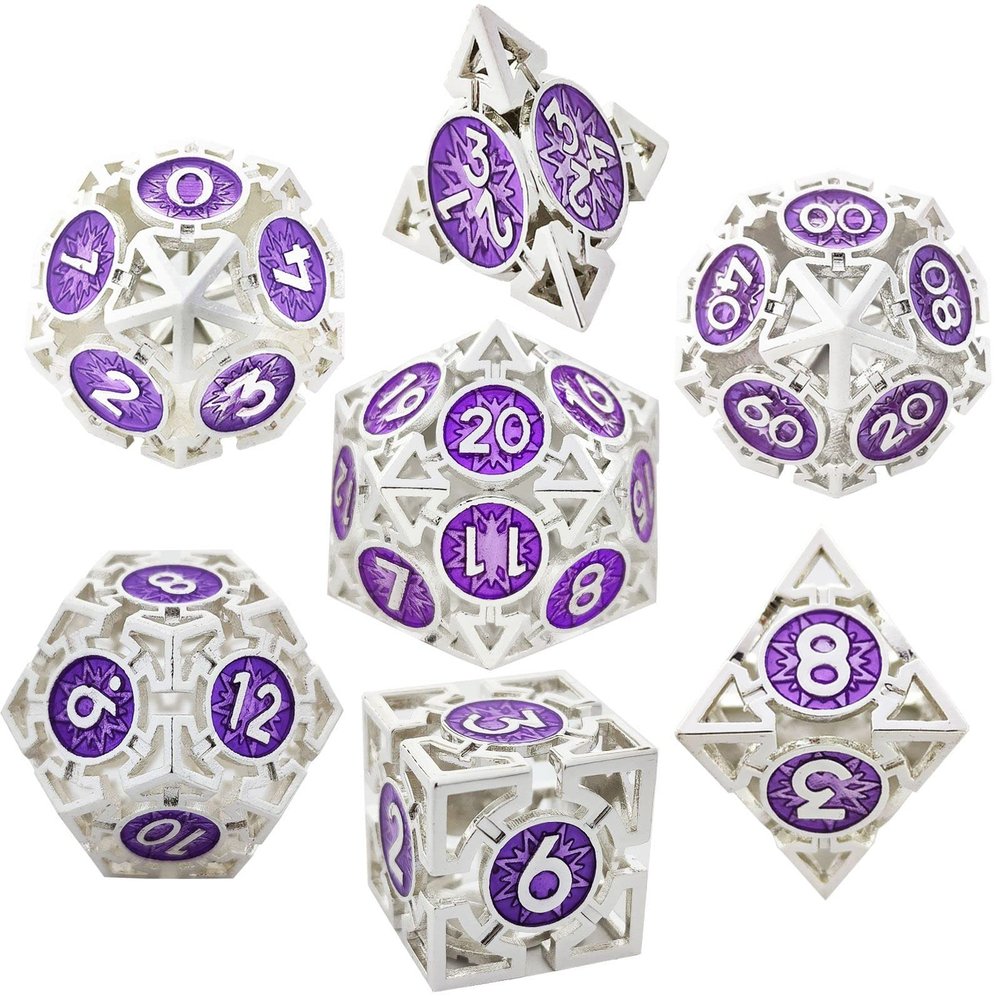 WZLHJRAR Dice Set d&d Metal Hollow Dice Polyhedron RPG Dice MTG for Dungeons & Dragons TTRPG Game Gift Warhammer Dice Set D20 D12 D10% D10 D8 D6 D4 - Silver and Purple