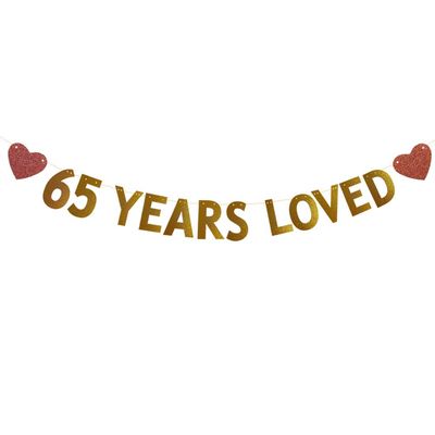 Betteryanzi Gold 65 Years Loved Banner,Pre-Strung,65th Birthday/Wedding Anniversary Party Decorations Supplies,Glitter Paper Garlands Backdrops,Letters Gold 65 Years Loved