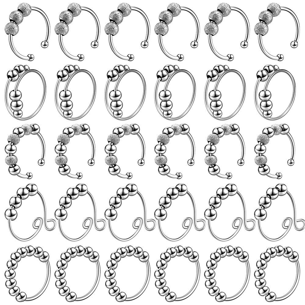 Yinkin 30 Pcs Anxiety Fidget Ring for Women Stainless Steel Adjustable Fidget Spinner Ring with Beads for Men Adults Stress Relief(Silver)