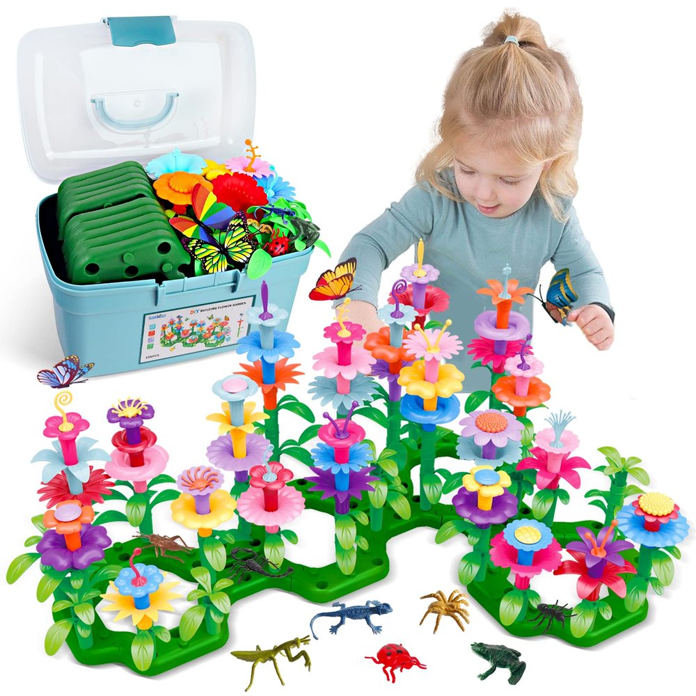 Valentines Toys Gifts for 2 3 4 5 6 Years Old Toddler Girls Boys, 156 PCS Insect Flower Garden Building Educational STEM Learning Pretend Play Gardening Set, Birthday Gifts for Preschool Kids Age 2+