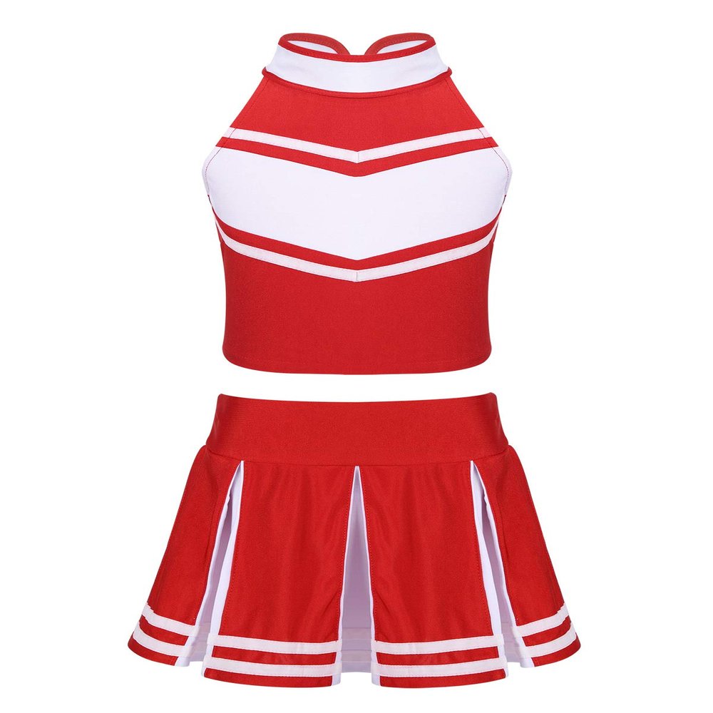 ACSUSS Kids High School Girls Cheerleading Costume Musical Uniform Dress Outfit Crop Tops with Skirts Set Red&White 14 Years