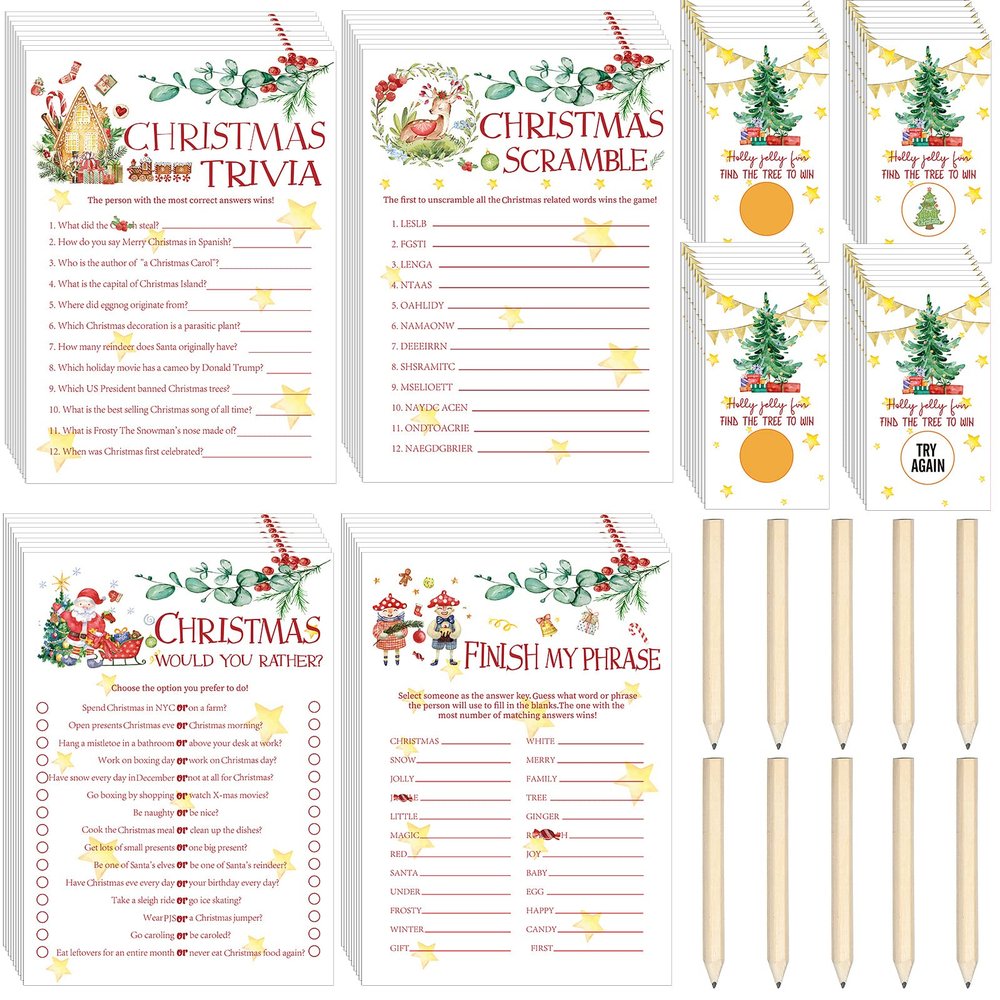 135 Pieces Christmas Party Games Sets, 125 Funny Happy Holiday Party Games Paper Cards with 10 Editable Pencils Gifts for Christmas Eve Winter Themed Family Party Game Supplies (Email Answers Sheet)