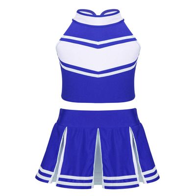 ACSUSS Kids High School Girls Cheerleading Costume Musical Uniform Dress Outfit Crop Tops with Skirts Set Blue&White 14 Years