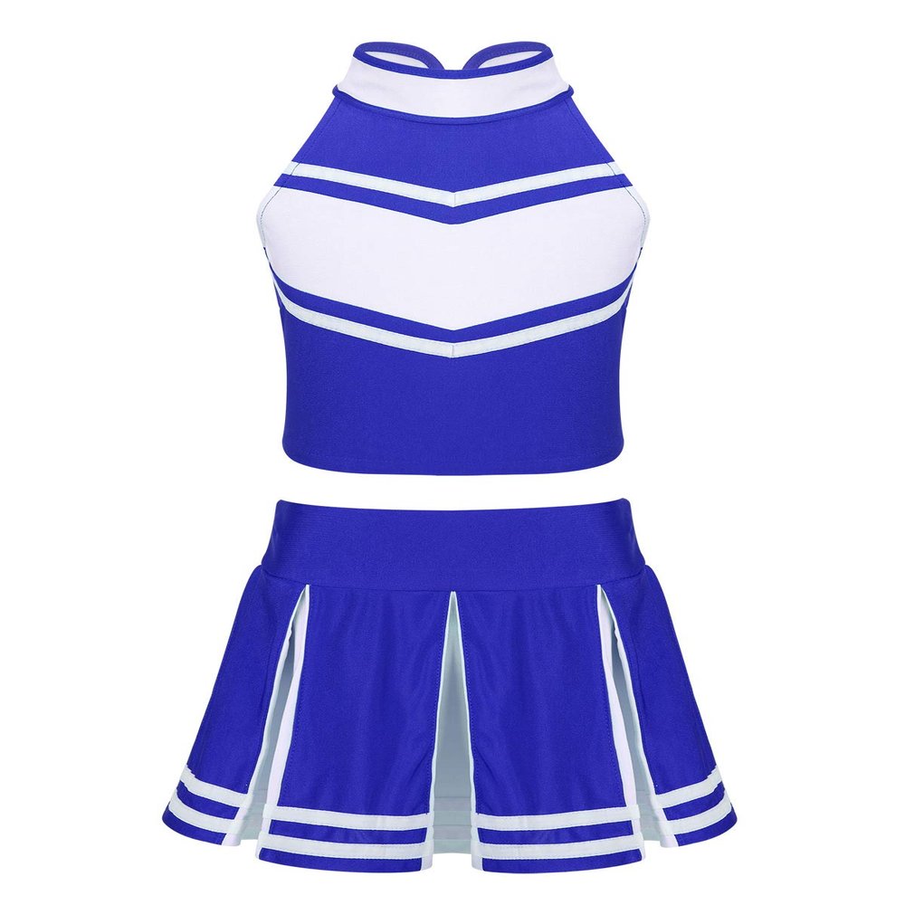 ACSUSS Kids High School Girls Cheerleading Costume Musical Uniform Dress Outfit Crop Tops with Skirts Set Blue&White 14 Years