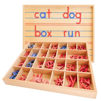 Movable Alphabet Montessori Wooden Letters - Moveable Alphabet With Box Mats - Lower Case for Writing, Reading, Spelling, and Language Learning Materials (Red and Blue)