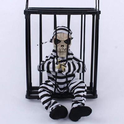 AMZOPDGS HUOLEO Halloween Props, Suspension Cage Prisoner Skull Terror Decorations Illuminate Voice for Bar Party-Cage Hanging Ghost with Eye mask (Cage Hanging Ghost)
