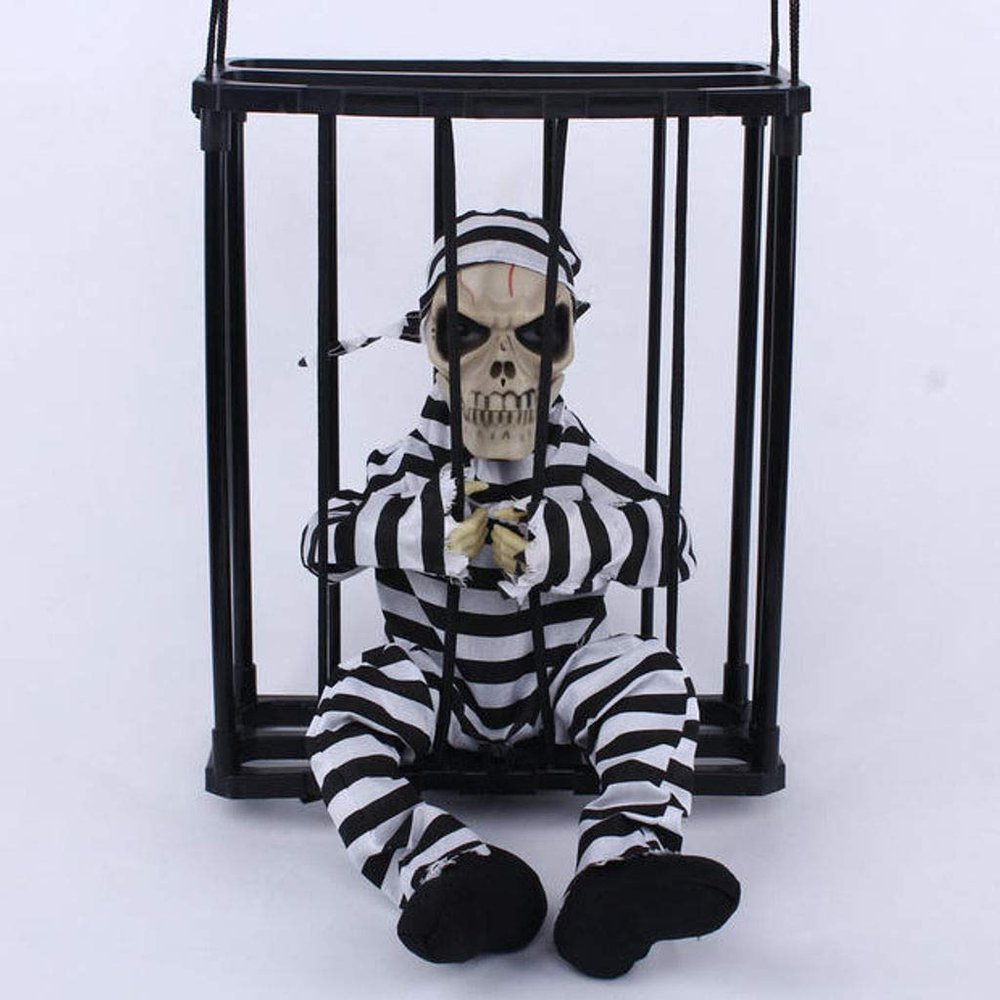AMZOPDGS HUOLEO Halloween Props, Suspension Cage Prisoner Skull Terror Decorations Illuminate Voice for Bar Party-Cage Hanging Ghost with Eye mask (Cage Hanging Ghost)