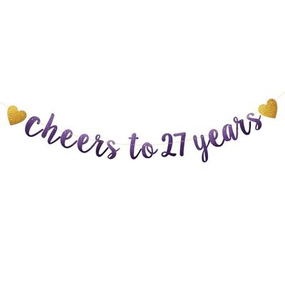 Betteryanzi Purple Glitter Paper Banner, Pre-Strung,27th Birthday/Wedding Anniversary Party Decoration Supplies, Letters Purple Cheers to 27 Years