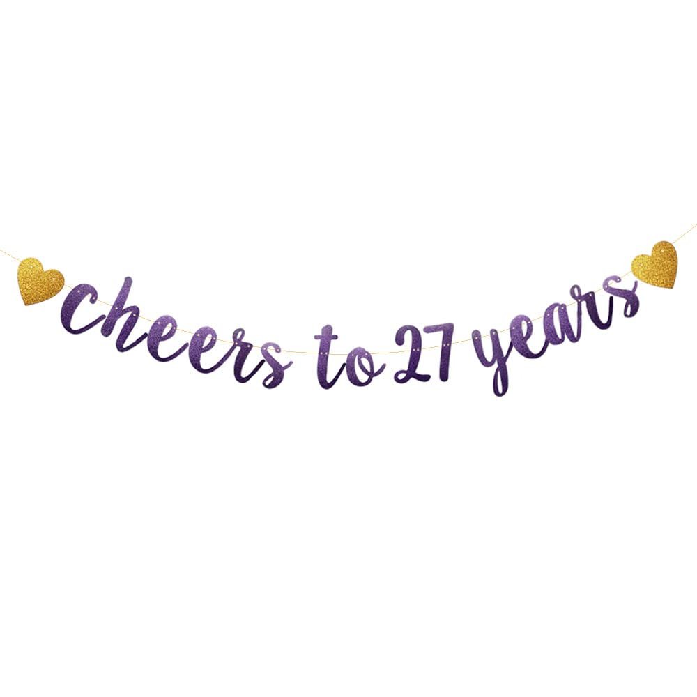 Betteryanzi Purple Glitter Paper Banner, Pre-Strung,27th Birthday/Wedding Anniversary Party Decoration Supplies, Letters Purple Cheers to 27 Years