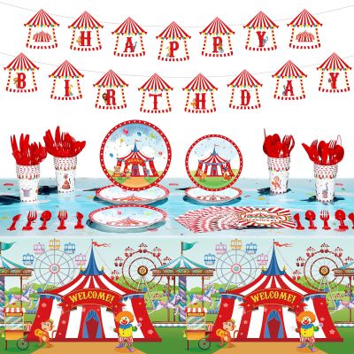 172 Pcs Carnival Party Decorations Set Circus Carnival Party Supplies Circus Tableware Happy Birthday Banners Plates Cups Napkins Tablecloth for Kids Birthday Carnival Party Decorations Supplies