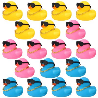 18 Pcs Mini Rubber Ducks Tiny Rubber Ducks Bulk with Sunglasses, Duckies for Party Favors Carnival Gift(Yellow, Pink, Blue)