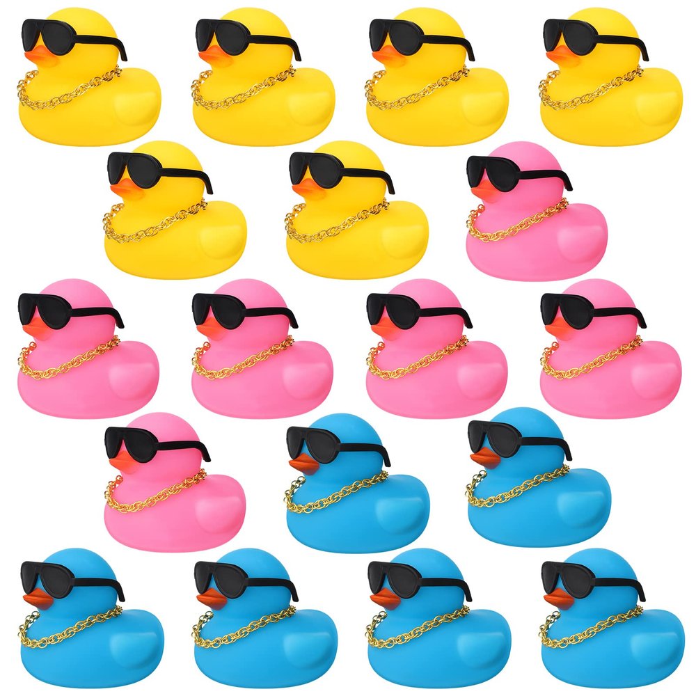 18 Pcs Mini Rubber Ducks Tiny Rubber Ducks Bulk with Sunglasses, Duckies for Party Favors Carnival Gift(Yellow, Pink, Blue)