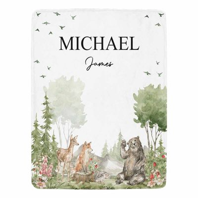 Artsadd Custom Woodland Animal Blanket for Baby Boys Kids Toddler, Personalized Jungle Animal Baby Blanket with Name, Customized Bear Deer Wolf Forest Adventure Awaits Blanket for Birthday