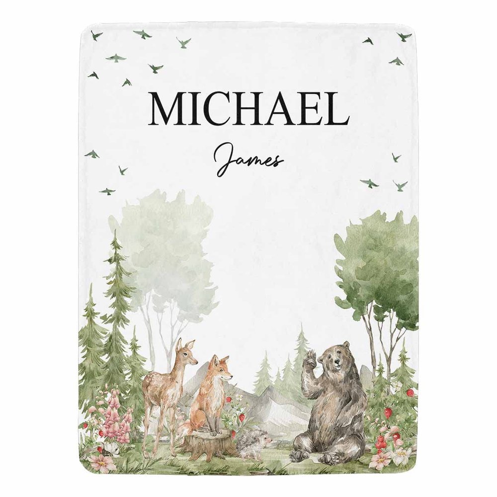 Artsadd Custom Woodland Animal Blanket for Baby Boys Kids Toddler, Personalized Jungle Animal Baby Blanket with Name, Customized Bear Deer Wolf Forest Adventure Awaits Blanket for Birthday
