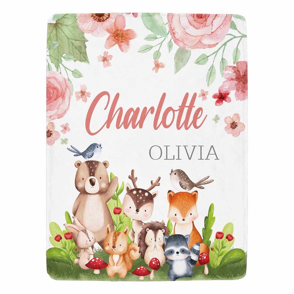 Artsadd Custom Woodland Animal Blanket for Baby Boys Kids Toddler, Personalized Jungle Animal Baby Blanket with Name, Customized Fox Rabbit Deer Blanket with Flower Design for Birthday
