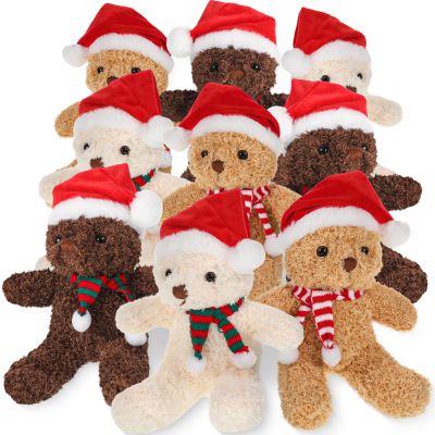 9 Pcs 9 Inch Christmas Bear Plush Bear Stuffed Animal Toys Santa Cuties with Santa Hat Scarf Xmas Cuties Preschool Stuffed Animals Toys for Christmas Boy Girl Birthday Gifts, 3 Colors, Long Leg Style
