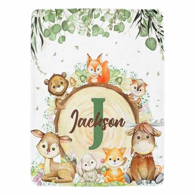 Artsadd Custom Woodland Animal Blanket for Baby Boys Kids Toddler, Personalized Jungle Animal Baby Blanket with Name, Customized Fox Rabbit Bear Adventure Awaits Blanket for Birthday