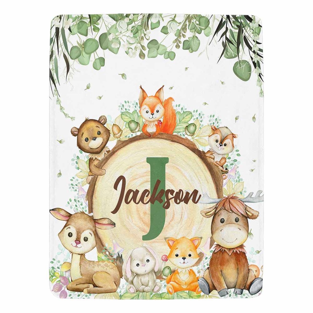Artsadd Custom Woodland Animal Blanket for Baby Boys Kids Toddler, Personalized Jungle Animal Baby Blanket with Name, Customized Fox Rabbit Bear Adventure Awaits Blanket for Birthday