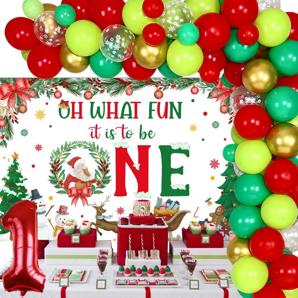 Sursurprise Christmas First Birthday Party Decorations, Xmas Balloon Garland Arch Kit With Oh What Fun It Is To Be One Backdrop for Boys or Girls Winter Holiday 1st Birthday Party Supplies