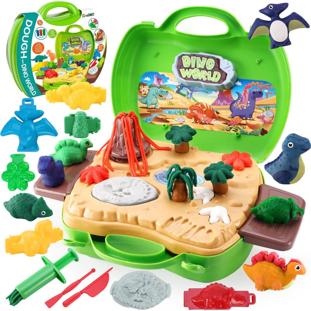 Crelloci Dinosaur Color Dough Toys, 37 PCS Dino Theme Color Tools and Molds Accessories for Boys Girls Christmas Halloween Party Gift