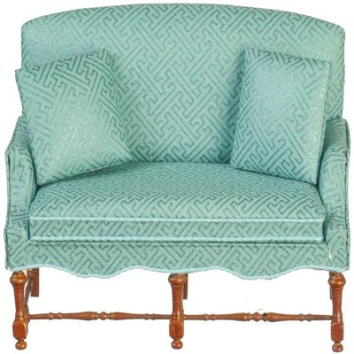 JBM Miniatures Dollhouse Blue Jacobean Settee Walnut Living Room Furniture
