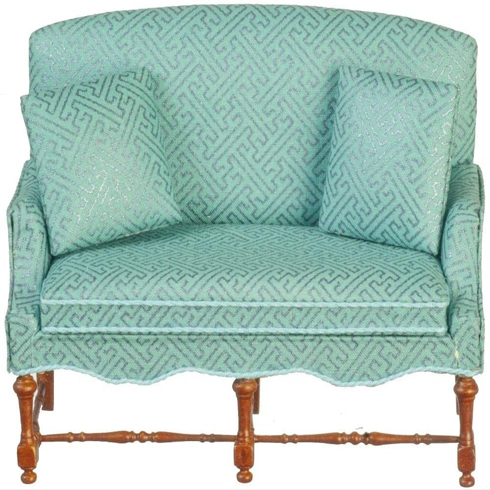 JBM Miniatures Dollhouse Blue Jacobean Settee Walnut Living Room Furniture