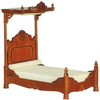 Melody Jane Dolls Houses Dollhouse 1860 Walnut Carved Victorian Half Tester Bed JBM Miniature Furniture