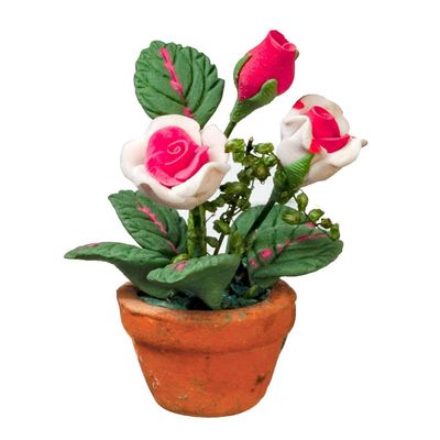 Dollhouse Pink Roses in a Terracotta Pot Miniature Garden Accessory 1:12 Scale