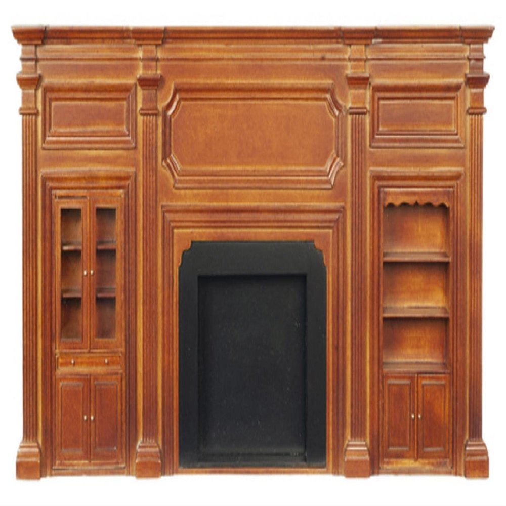 Melody Jane Dolls Houses Dollhouse Walnut Wall with Fireplace Cabinet & Bookcase JBM Miniature Furniture