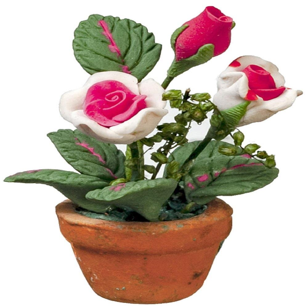 Dollhouse Roses in Pot Violet & Pink Miniature Garden Accessory 1:12 Scale