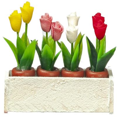 Town Square Miniatures Dollhouse White Window Box with 4 Pots of Roses Miniature Garden Accessory