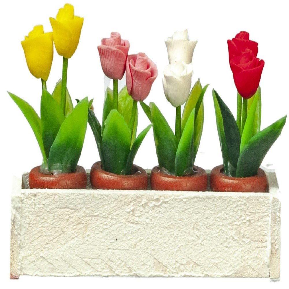 Town Square Miniatures Dollhouse White Window Box with 4 Pots of Roses Miniature Garden Accessory