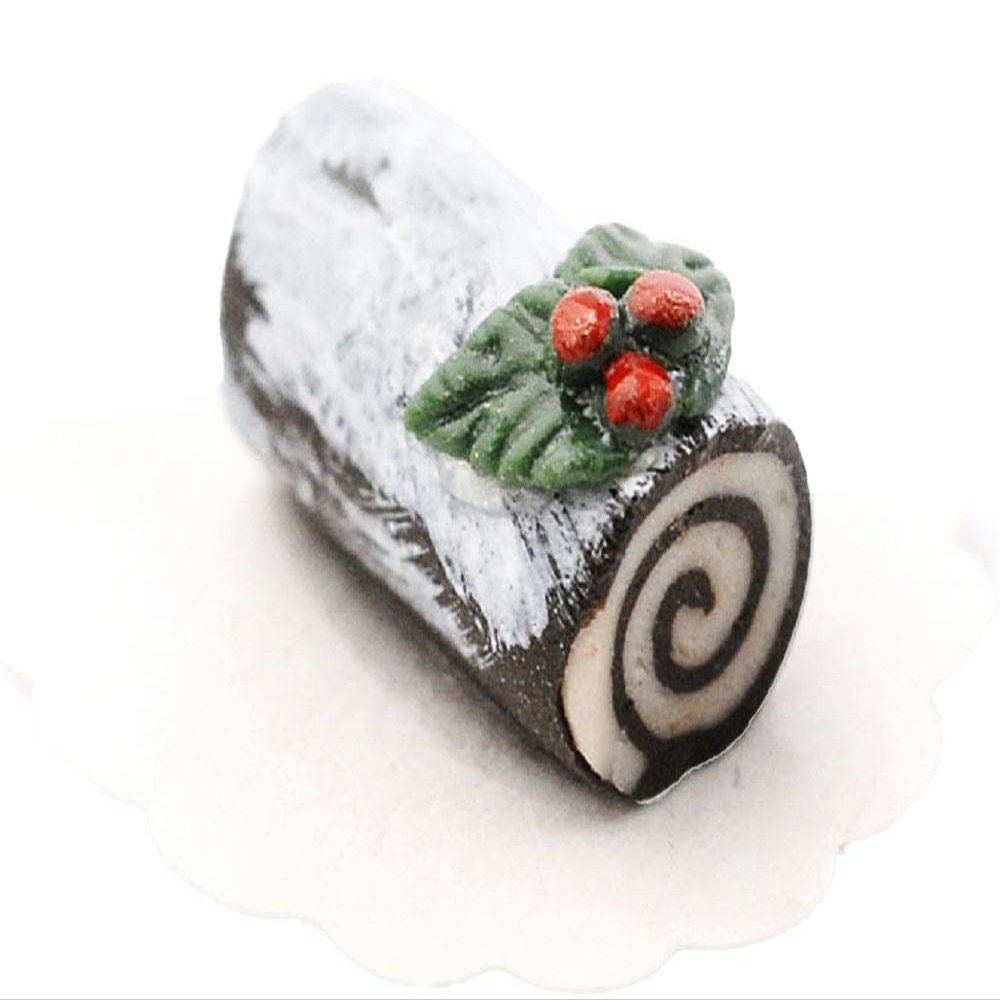 Dolls House Chocolate Yule Log on Doily Miniature Food Cake Christmas Accessory