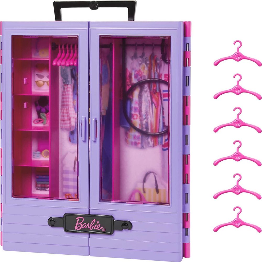 Barbie Closet with 6 Hangars, Accessory Features Translucent Doors, Racks, Shelves & Space for Doll (Not Included)