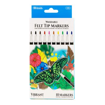 BAZIC Products Felt Washable Markers 10 Colors, Fine Line Coloring Marker, Non Toxic Art Supplies, Gift for School (10/Pack), 12-Packs