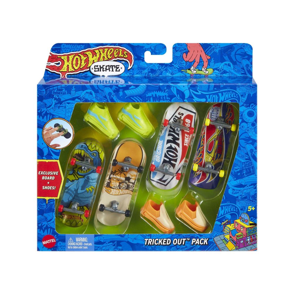 Hot Wheels Skate 4 Fingerboards & 2 Pairs of Removable Skate Shoes, Tricked Out Pack of Fully Assembled Boards, 1 Exclusive Set
